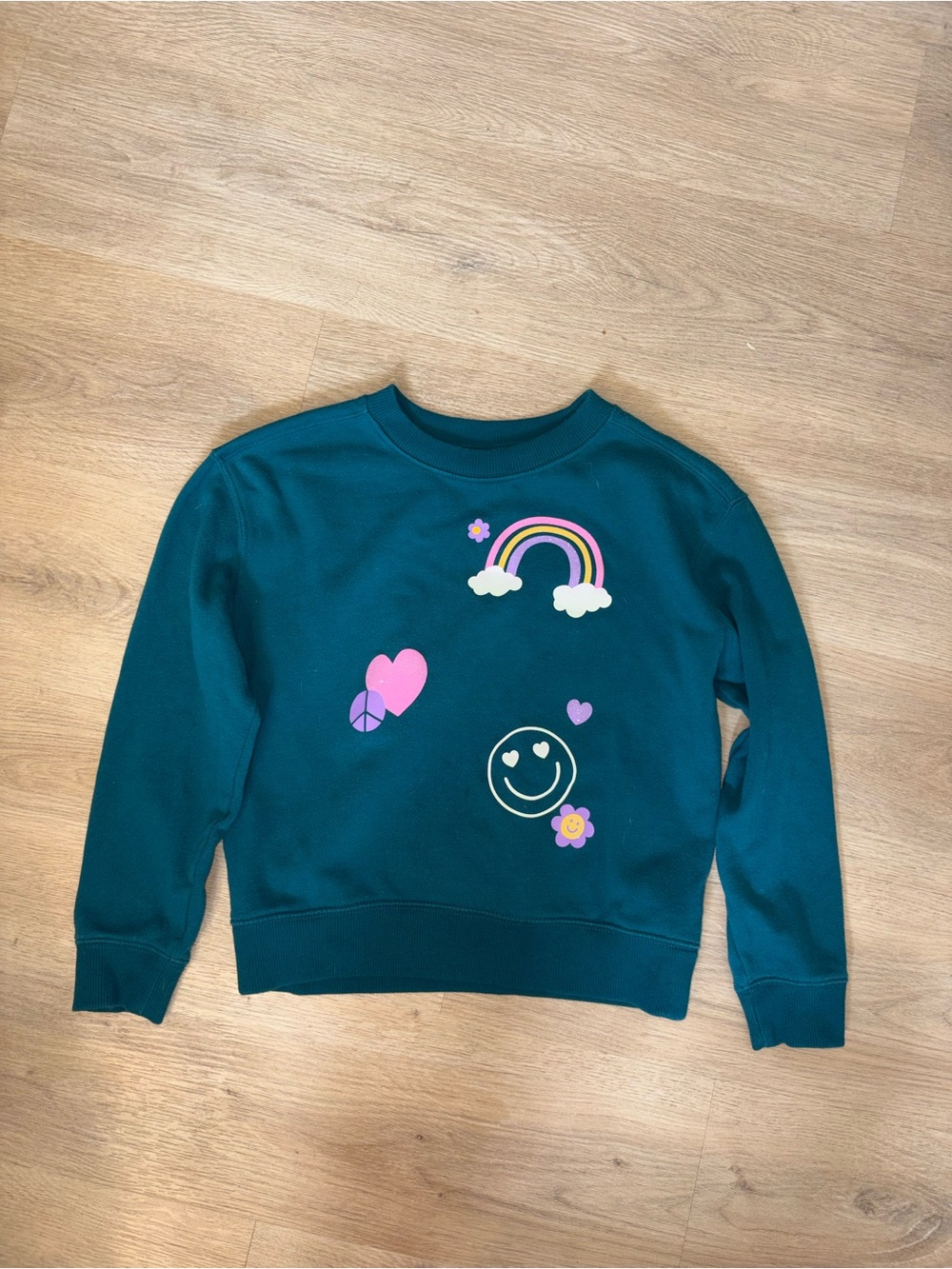 wonder nation Teal Sweatshirt with Rainbow & Pink Heart Graphics